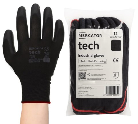 Rękawice Robocze MERCATOR Tech Black+Black PU - 12 Par (7 - S)