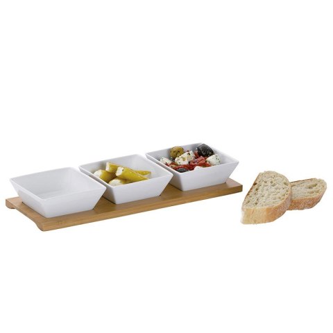 Zestaw 3 kwadratowych porcelanowych miseczek na bambusowej podkładce, 33,5x12x5 cm, białe