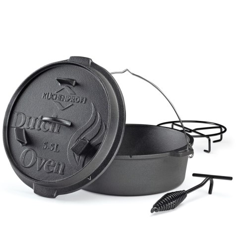 Garnek żeliwny, z akcesoriami do używania na grillu i nad ogniskiem, 5,5 l, śred. 30 x 13,5 cm