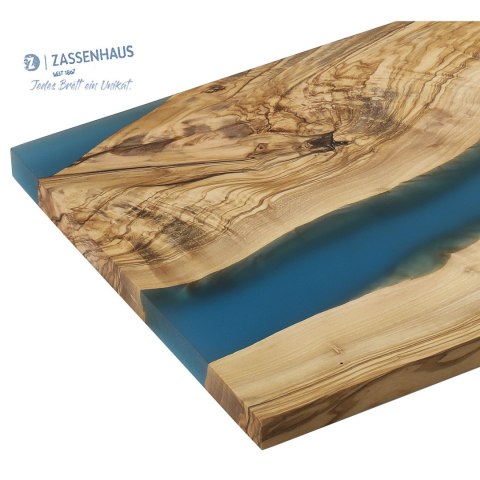 Deska do serwowania, drewno oliwne/żywica epoksydowa, 45 x 22 cm, niebieska