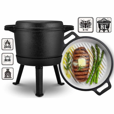 Kociołek żeliwny emaliowany garnek 8l stojący + patelnia grill BD-480 348010