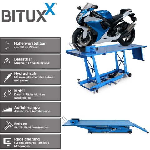 Podnośnik nożycowy motocyklowy Hydrauliczny z pompką nożną 464 kg Bitux