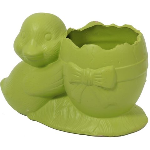 Zielona, ceramiczna dekoracja wielkanocna - Doniczka w kształcie jajka z kaczką.