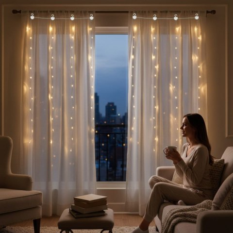 KURTYNA ŚWIETLNA NA OKNO 300 LED 3×3 LAMPKI ŚWIĄTECZNE CHOINKOWE GIRLANDA CIEPŁY BIAŁY