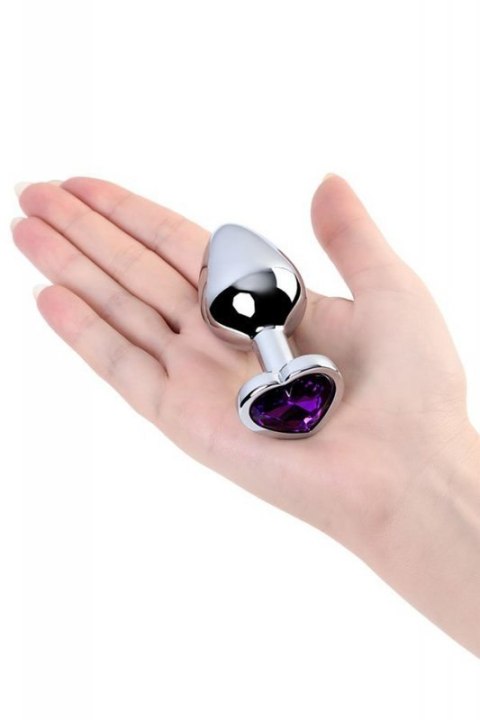 Silver anal plug with purple gem heart-shaped