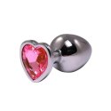 Silver small heart-shaped butt plug with pink crystal