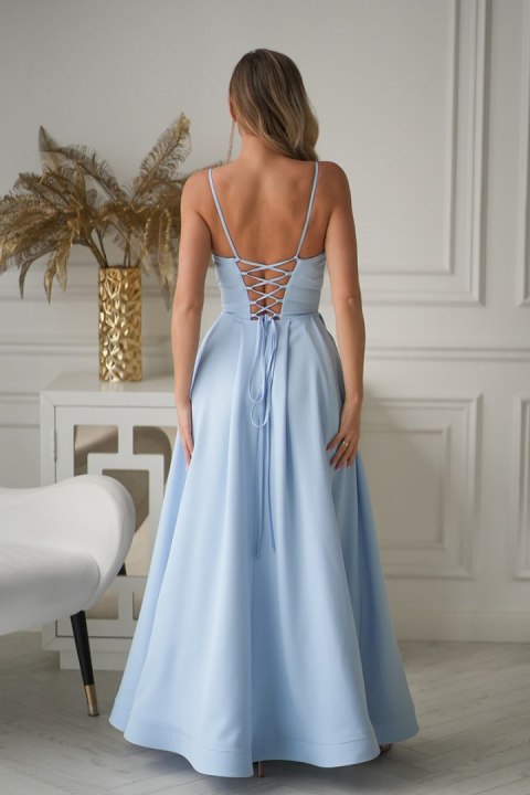 341-08 Długa Suknia Wieczorowa z Gorsetowym Sznurowaniem - Baby blue