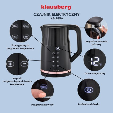 CZAJNIK ELEKTRYCZNY Z REGULACJĄ TEMPERATURY 1.7L BEZPRZEWODOWY CZARNY KLAUSBERG KB-7896