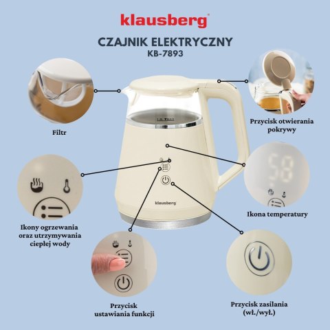 CZAJNIK ELEKTRYCZNY Z REGULACJĄ TEMPERATURY MAŁY 1.0L BEZPRZEWODOWY KREMOWY KLAUSBERG KB-7893