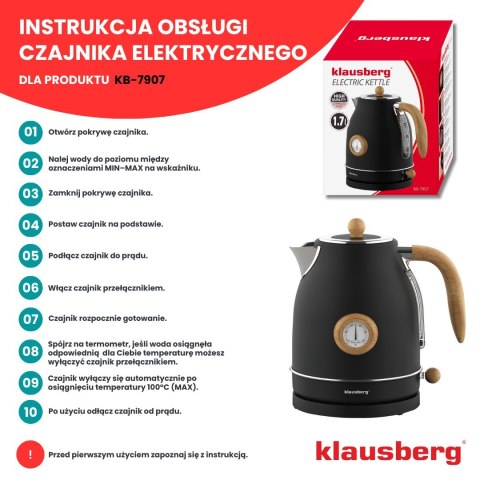 CZAJNIK ELEKTRYCZNY Z TERMOMETREM STAL NIERDZEWNA 1.7L 2200W KLAUSBERG KB-7907 CZARNY