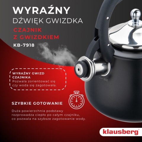CZAJNIK STALOWY NA GAZ 2.8L INDUKCJA CZARNY MATOWY KLAUSBERG KB-7918