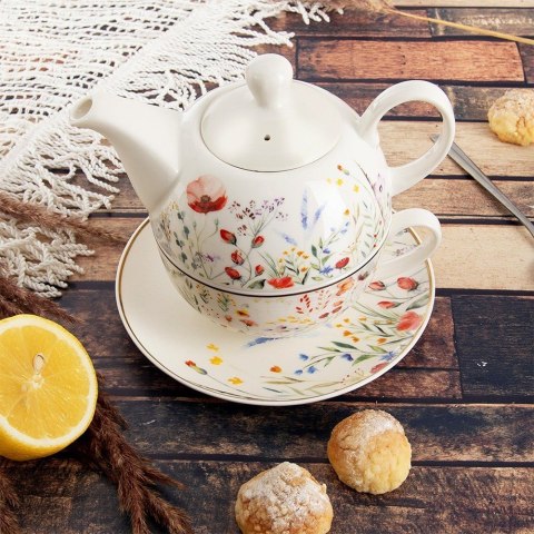 Dzbanek z filiżanką do herbaty zestaw porcelanowy biały 3-ele MAKI ORION 129662
