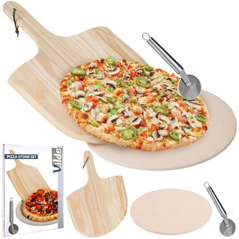KAMIEŃ DO PIECZENIA PIZZY SZAMOTOWY Z ŁOPATĄ I NOŻEM 3 ELEMENTY VILDE 279072