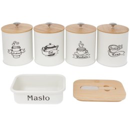 KOMPLET 5 POJEMNIKÓW KAWA HERBATA CUKIER SÓL + MASELNICZKA 15X11CM BRUNBESTE BB-2689 (NAPISY PL)