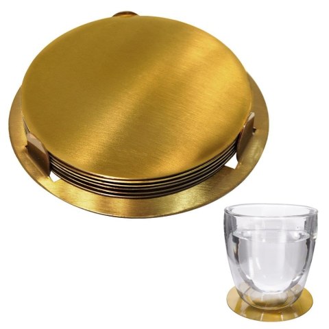Podstawki pod kubek kubki stalowe podkładki ze stojakiem złote 10cm 6 sztuk EXCELLENT HOUSEWARE 139137
