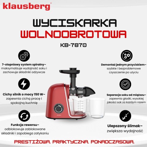 SOKOWIRÓWKA WOLNOOBROTOWA 150W DO OWOCÓW I WARZYW COLD PRESS KLAUSBERG KB-7870
