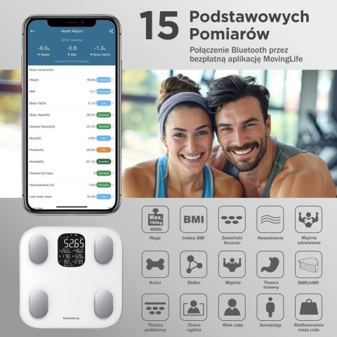 WAGA ŁAZIENKOWA Z POMIAREM TKANKI TŁUSZCZOWEJ I SKŁADU CIAŁA, SMART, BT, KLAUSBERG KB-7855 BIAŁA