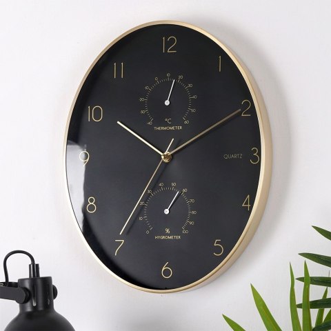 Zegar ścienny na ścianę czarny złoty z termometrem higrometrem 27x34.5cm VILDE 569934