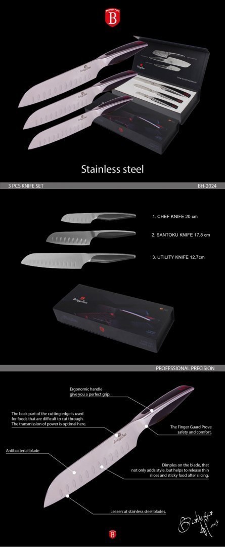 ZESTAW 3 NOŻY SANTOKU BERLINGER HAUS PHANTOM BH-2024