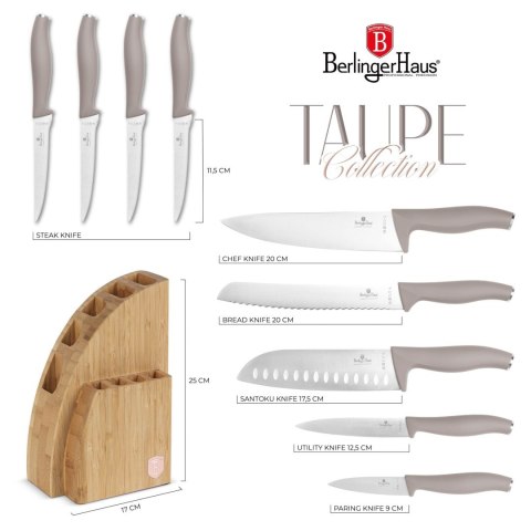 ZESTAW NOŻY W BLOKU BAMBUSOWYM 10-ELE BERLINGER HAUS TAUPE BH-3122
