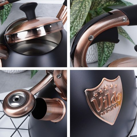 Czajnik z gwizdkiem stalowy na gaz indukcja ROSE GOLD czarny matowy 3L VILDE 199002