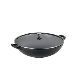 Wok ze szklaną pokrywą, żeliwo emaliowane, śred.36 cm, 4 l, wys. 10 cm, czarny