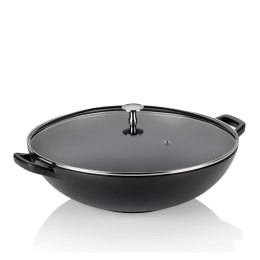 Wok ze szklaną pokrywą, żeliwo emaliowane, śred.36 cm, 4 l, wys. 10 cm, czarny