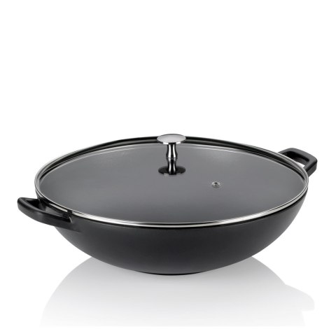 Wok ze szklaną pokrywą, żeliwo emaliowane, śred.36 cm, 4 l, wys. 10 cm, czarny
