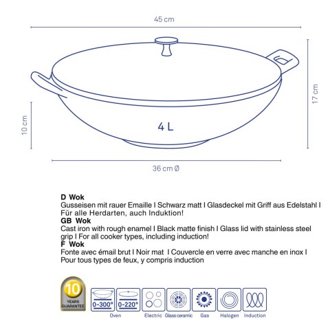 Wok ze szklaną pokrywą, żeliwo emaliowane, śred.36 cm, 4 l, wys. 10 cm, czarny