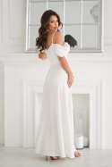 330-04 Elegancka Sukienka Z Drapowaniem, Rozcięciem I Błyszczącą Tkaniną - Ecru