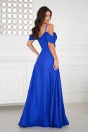 330-05 Elegancka Sukienka Z Drapowaniem, Rozcięciem I Błyszczącą Tkaniną - chabrowy