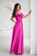330-07 Elegancka Sukienka Z Drapowaniem, Rozcięciem I Błyszczącą Tkaniną - fuksja