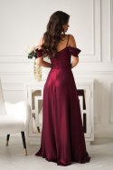 330-10 Elegancka Sukienka Z Drapowaniem, Rozcięciem I Błyszczącą Tkaniną - bordowy