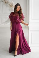 333-10 Elegancka Sukienka Na Ramiączkach Z Cekinowym Bolerkiem - bordowy