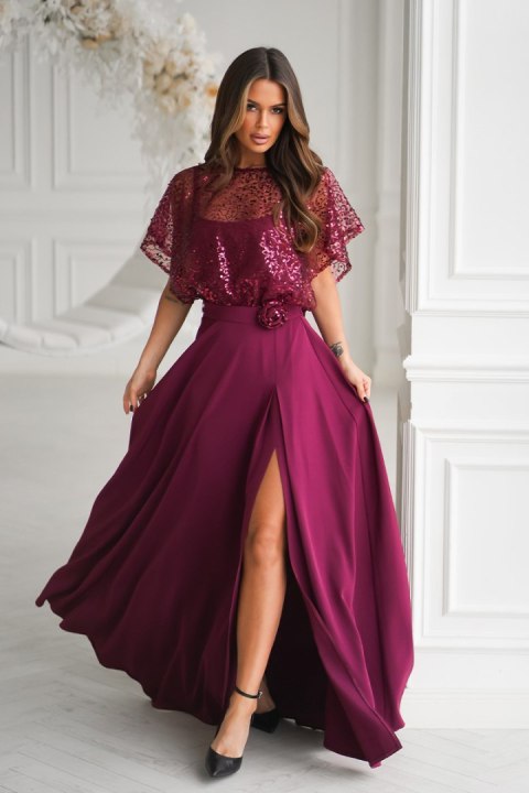 333-10 Elegancka Sukienka Na Ramiączkach Z Cekinowym Bolerkiem - bordowy