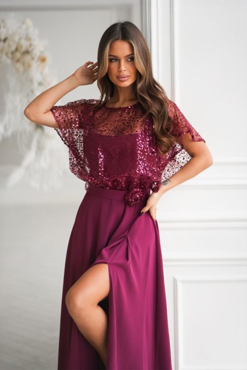333-10 Elegancka Sukienka Na Ramiączkach Z Cekinowym Bolerkiem - bordowy