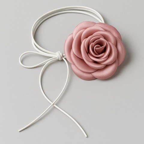 Naszyjnik choker XL ozdobny kwiat na szyję róża na rzemyku elegancka pudrowa N761R