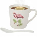 Zestaw prezentowy kubek i łyżeczka ceramiczna we flamingi z liśćmi