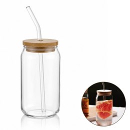 Szklanka 350ml z rurka i drewnianą przykrywka 1szt. do kawy, koktajli SZK210