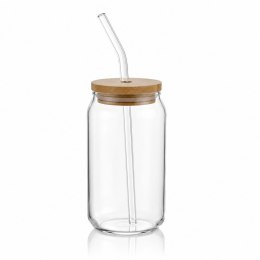 Szklanka 350ml z rurka i drewnianą przykrywka 1szt. do kawy, koktajli SZK210