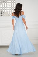 330-08 Elegancka Sukienka Z Drapowaniem, Rozcięciem I Błyszczącą Tkaniną - Baby blue