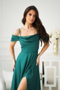 330-13 Elegancka Sukienka Z Drapowaniem, Rozcięciem I Błyszczącą Tkaniną - butelkowy