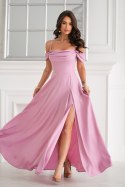 330-20 Elegancka Sukienka Z Drapowaniem, Rozcięciem I Błyszczącą Tkaniną - brudny róż