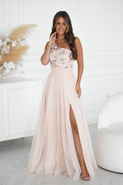 332-21 Elegancka Sukienka Z Haftem I Zwiewnym Tiulem - beżowy