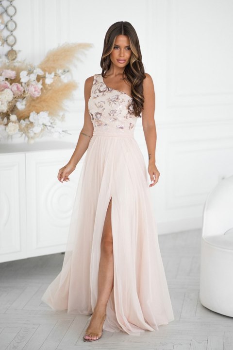 332-21 Elegancka Sukienka Z Haftem I Zwiewnym Tiulem - beżowy