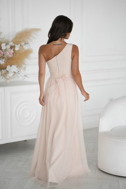 332-21 Elegancka Sukienka Z Haftem I Zwiewnym Tiulem - beżowy