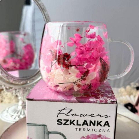 Szklanka termiczna z kwiatami w środku, gipsówka hortensje róż 300 ml 1szt SZK182
