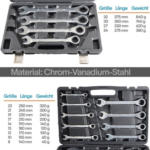 Zestaw kluczy płasko-oczkowych z grzechotką 8-32mm CrV 13 szt Zestaw Polerowane