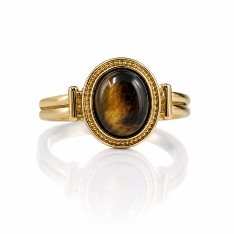 Pierścionek stal szlachetna platerowana 14k złotem, regulowany kamień TIGER STONE PST1050