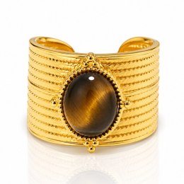 Pierścionek stal szlachetna platerowana 14k złotem, regulowany, oczko TIGER STONE PST1036